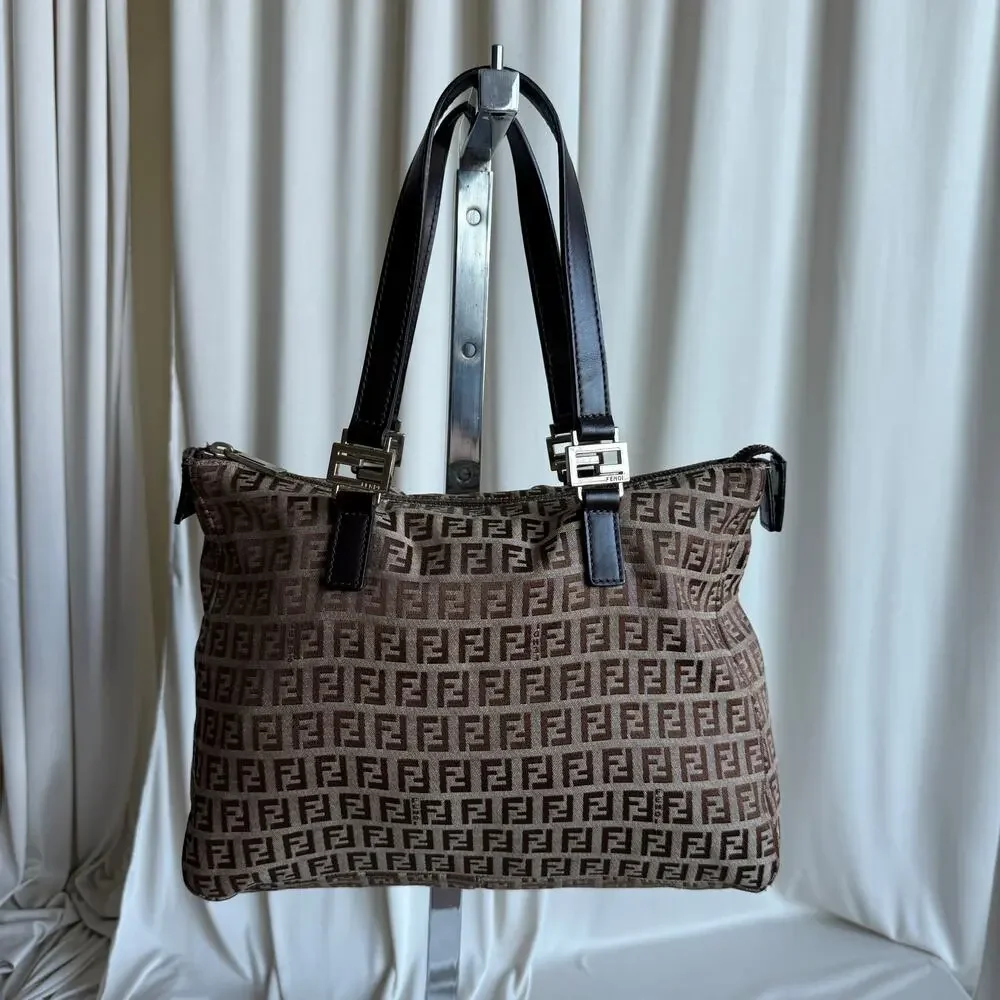 Fendi Zucchino FF Tote - Brown Canvas, Leather Straps, 2004 VTG